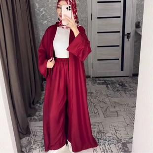 Muslim Fashion Elegant Women's Cardigan Robe Dress with Loose Pants Two-Piece Suit K116