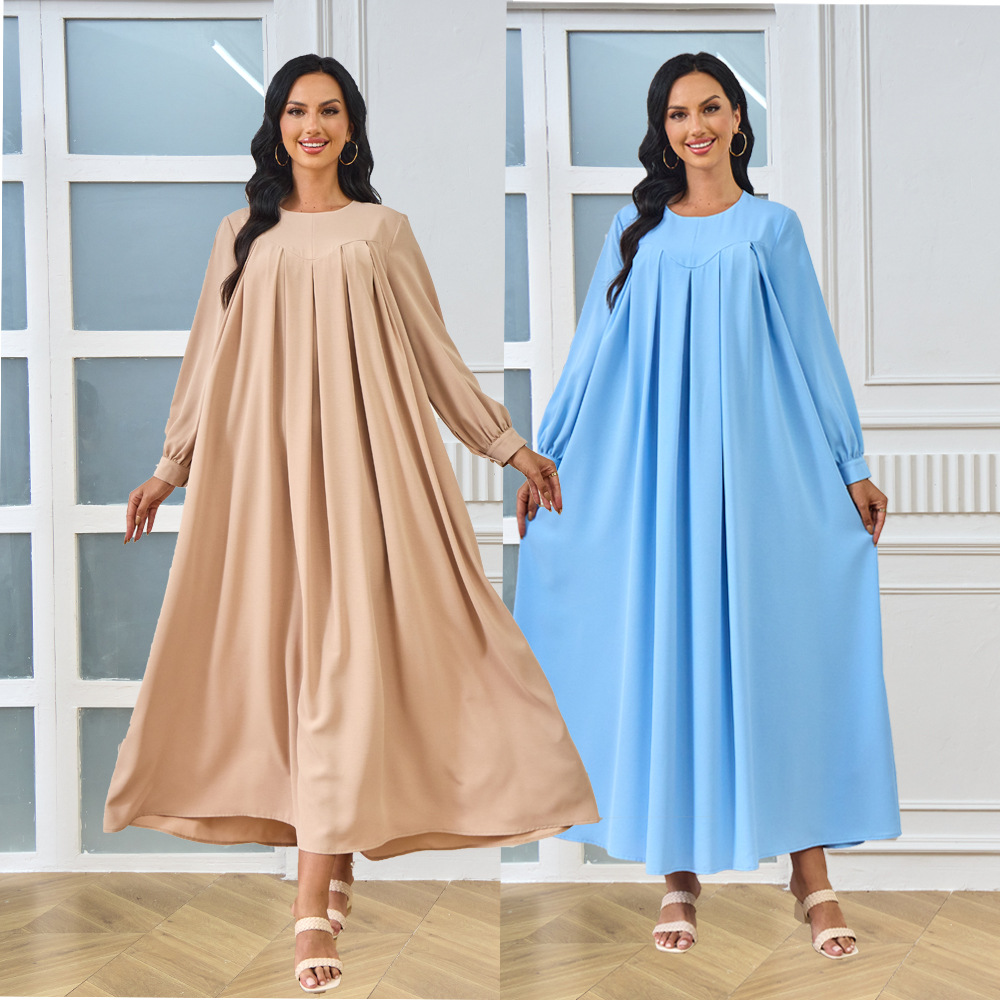 New Abaya Arab Cross-border Middle Eastern Muslim Robe Long-sleeved Solid Color Large Hem Dress Long Skirt Women's_ecoleips.com