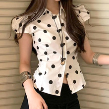 2025夏季新款女装欧美ins法式少女风波点印花泡泡袖系带收腰衬衫