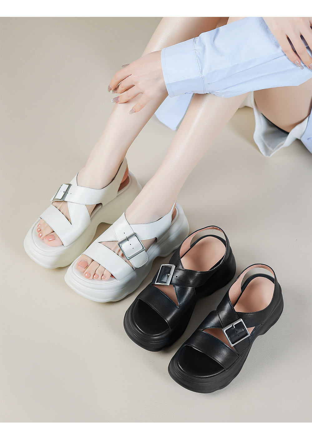 Sandal nữ đế dày quai chéo khóa thắt lưng, hở ngón phong cách La Mã, gót cao 7 cm — Màu đen chi tiết 2