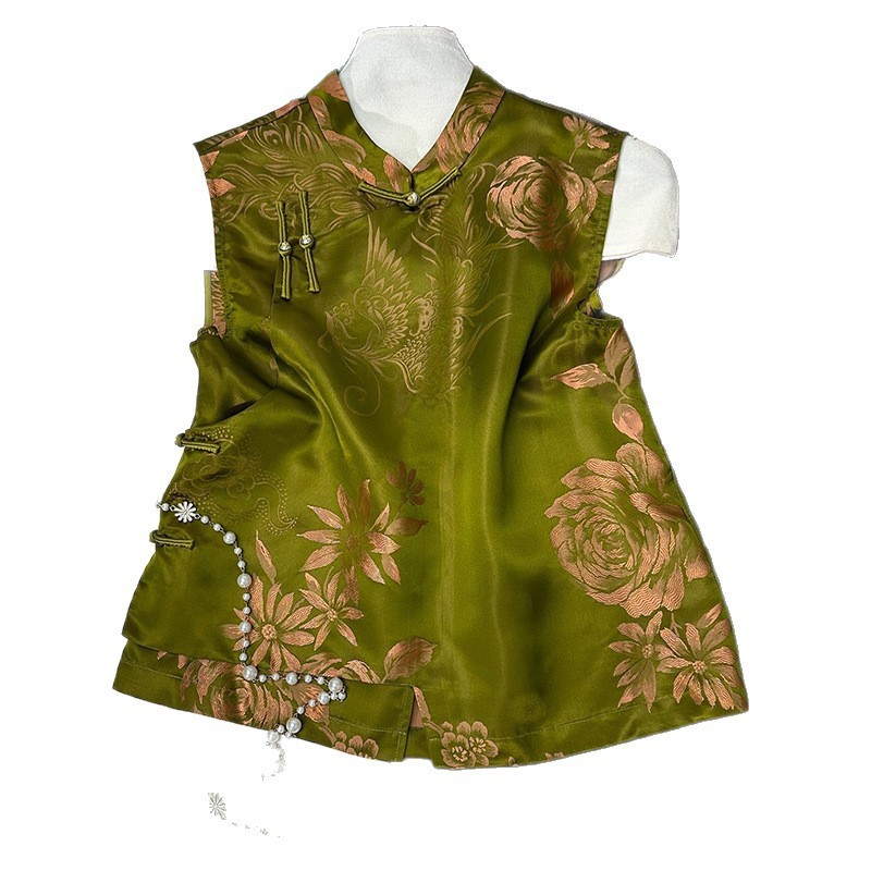 801  新中式真丝老缎提花斜襟盘扣马甲女，S M L XL，不退不换！|undefined