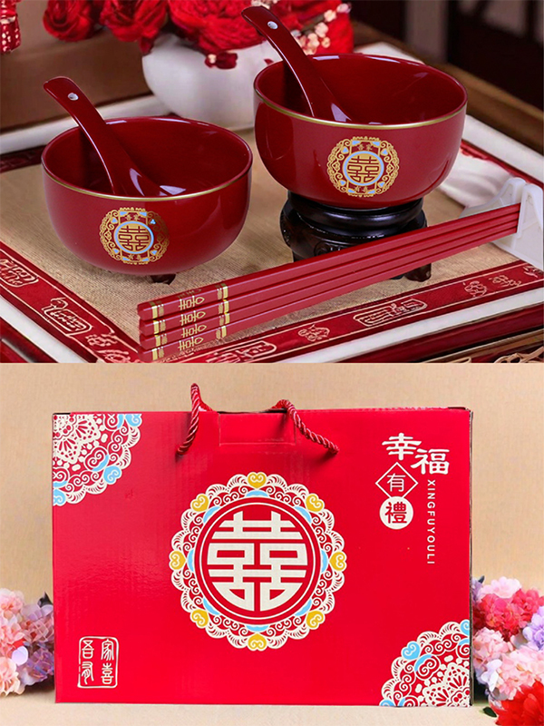 結婚式の陶器のウェディングボウル新郎新婦の贈り物ティーカップ赤いボウルと箸とスプーンセット結婚式のウェディング用品|undefined