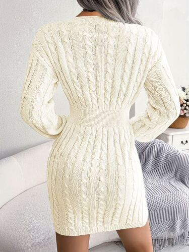 European and American Hot-Selling Long-Sleeved Knitted Sweater Dress—Sexy Hollow-Out V-Neck Outerwear Slim-Fit Hip-Hugging Skirt—Dopamine
