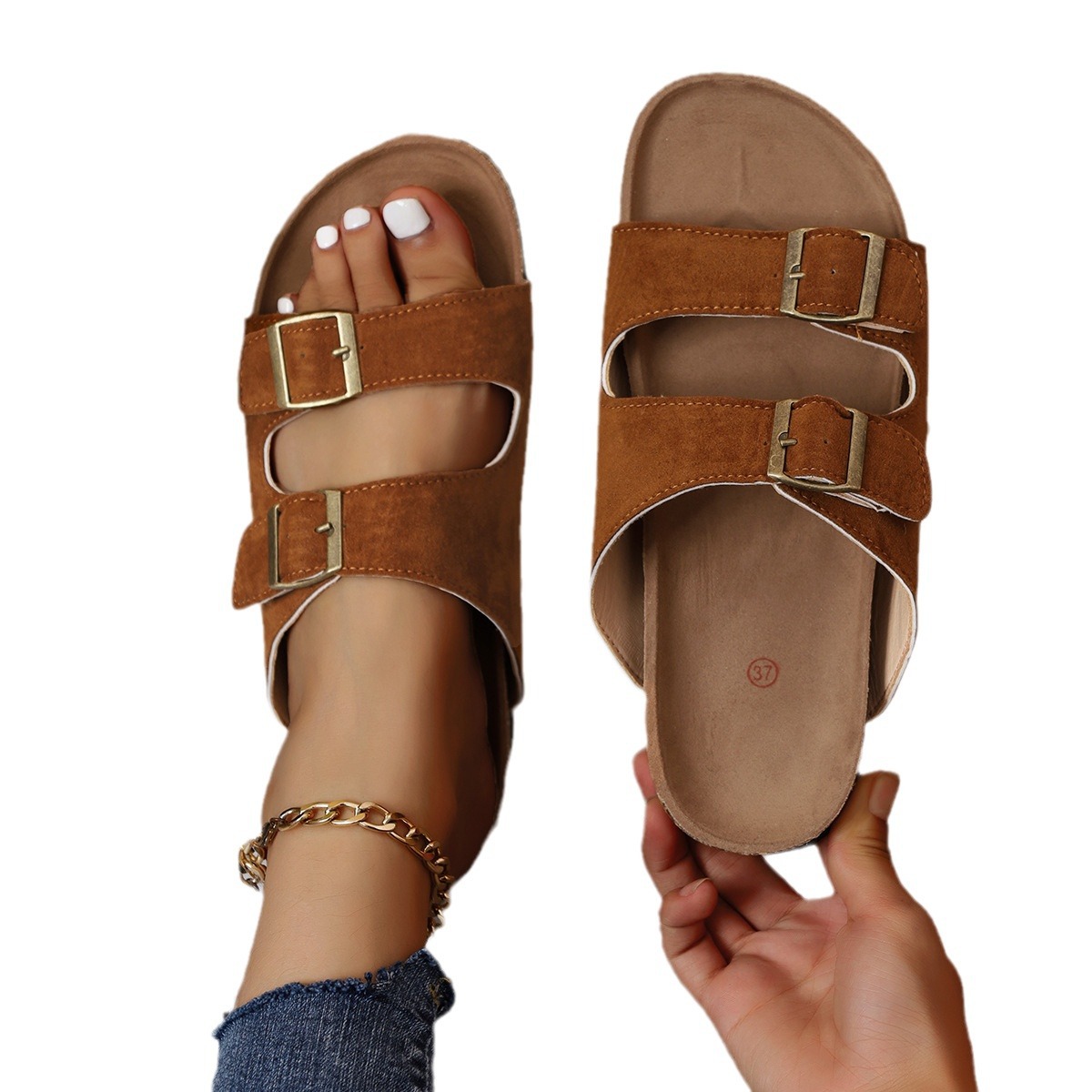 Coppia pantofole da spiaggia estive con fibbia a una linea da donna con fondo spesso in sughero_voghion.com