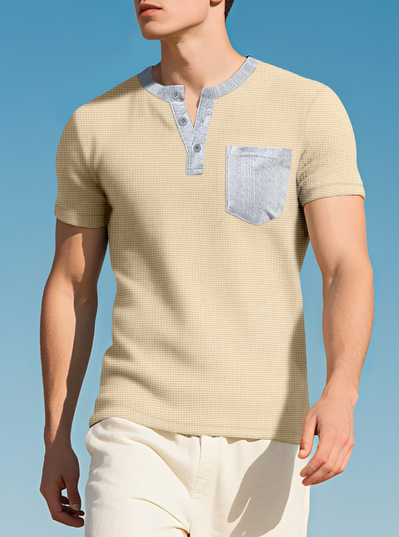 Europa y América hombres cuello redondo manga larga bolsillo de color contrastante camiseta de Henry comercio exterior transfronterizo camiseta casual americana top hombre