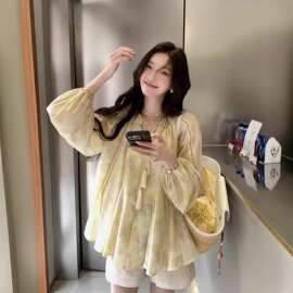 新款宽松休闲领印花衬衫女宽松气质感独特超好看上衣图片色露肩