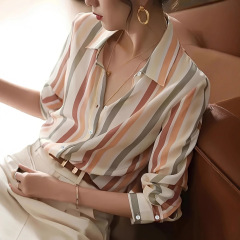 ストライプシャツトップスレディース長袖春服2025新作ファッションニッチレトロスリムシャツ女性用フレンチスタイル