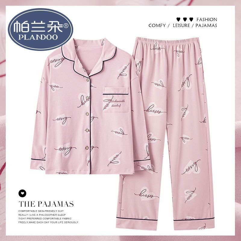Pijama de algodón femenino primavera y otoño mangas largas dulces y sueltas grande otoño y invierno conjunto de ropa para el hogar