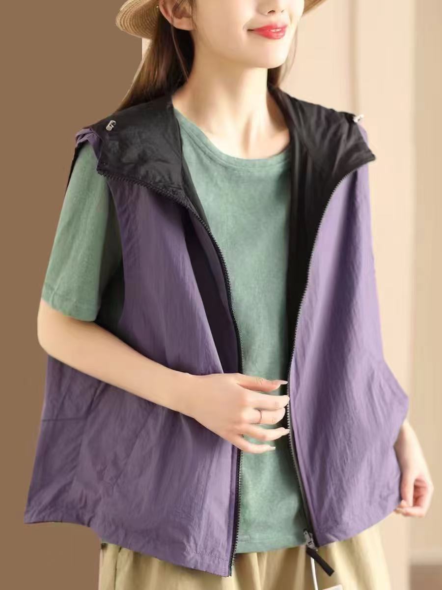 Spring Dress Japanese Artistic Fresh Solid Color Hooded Charge Sleeveless Vest Women's All-match Vest