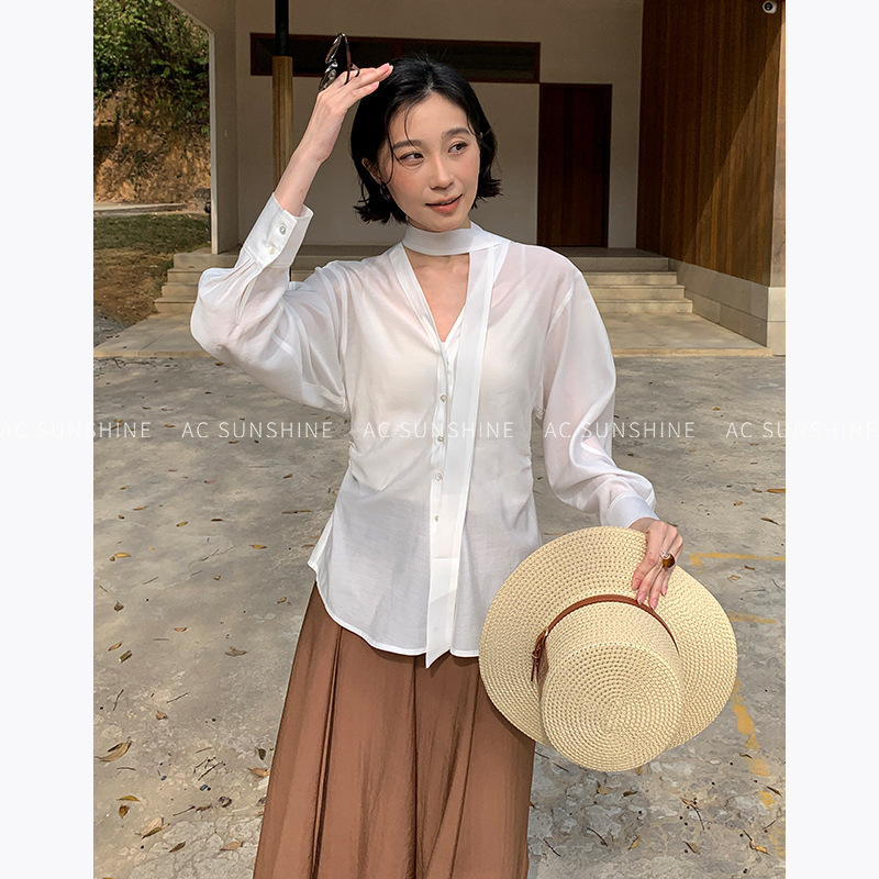 Clearance Item 50% off No Returns or Exchanges】Paper-Thin Feel! Versatile Ribbon-Waist V-Neck Acetate Shirt for Women H19581 Clearance Item 50% off No Returns or Exchanges】Paper-Thin Feel! Versatile Ribbon-Waist V-Neck Acetate Shirt for Women H19581