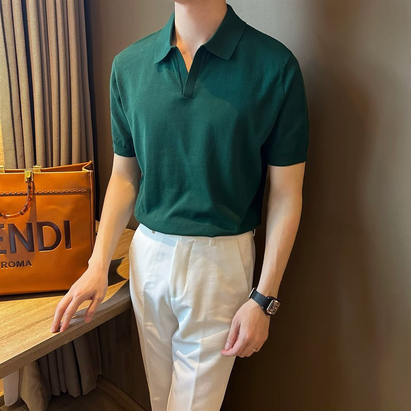 Korean Style Simple Solid Color Slim-fit Lel Summer T-shirt Men's British Fashion Ice Silk Knitted Short-sleeved Men's Polo Shirt
