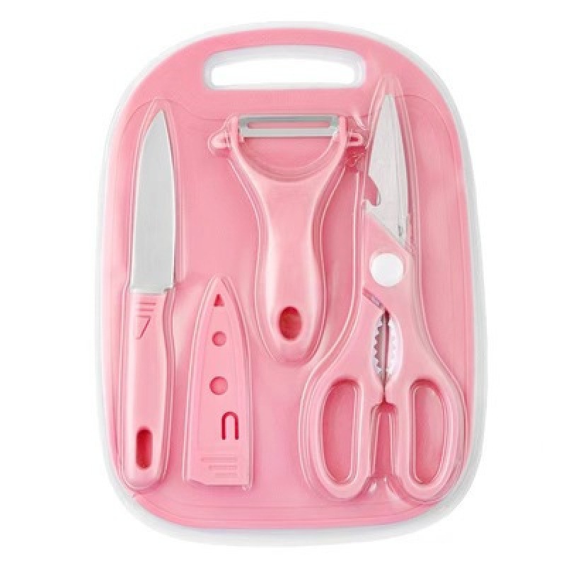 Juego de cuchillos de acero inoxidable Mini cuchillo para frutas, tijeras de cocina, cuchillo de cocina, juego de cuatro piezas, tabla de cortar de plástico para el hogar, stock