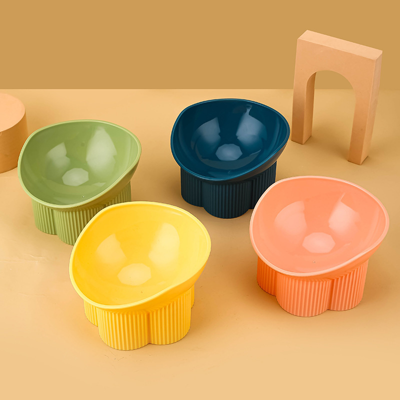 New Cat Bowl oblique goblet cat neck protection cat food bowl anti-knock plastic cat bowl plum column Pet Bowl