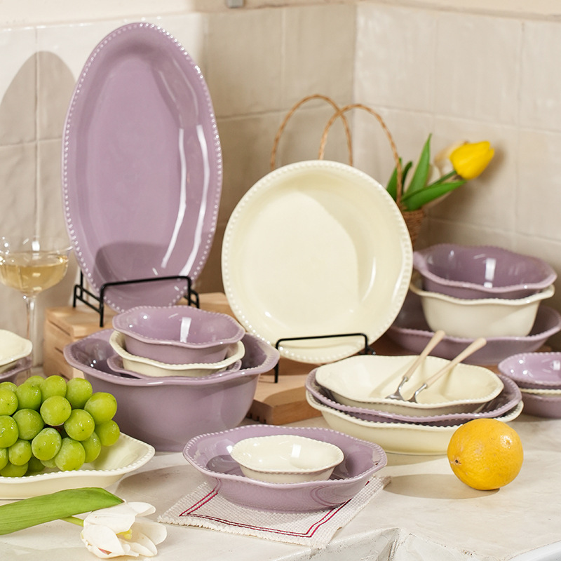 프랑스 심플 세라믹 식기 세트, 창의적인 구슬 점, 고급스러운 가정용 세라믹 밥 그릇, 국수 그릇, 접시, 생선 접시