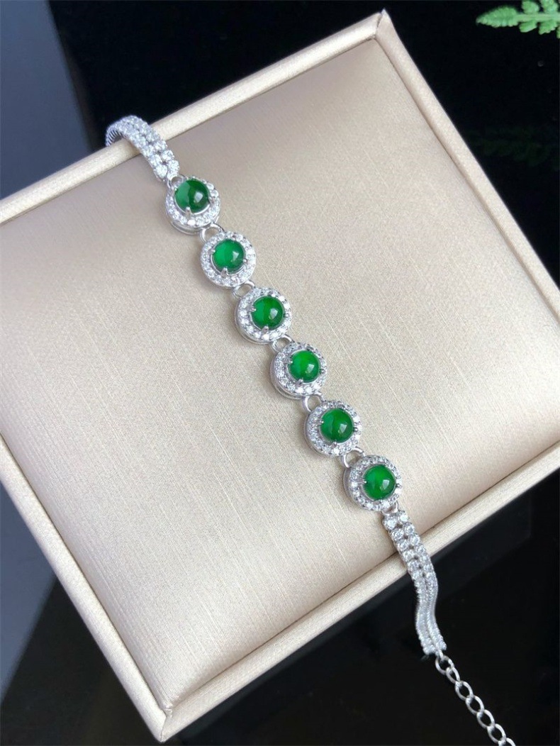 Vòng tay đá ngọc bích tự nhiên A hàng băng chủng mặt trứng cắt S925 bạc xi mạ vàng họa tiết hồ lô chi tiết 21