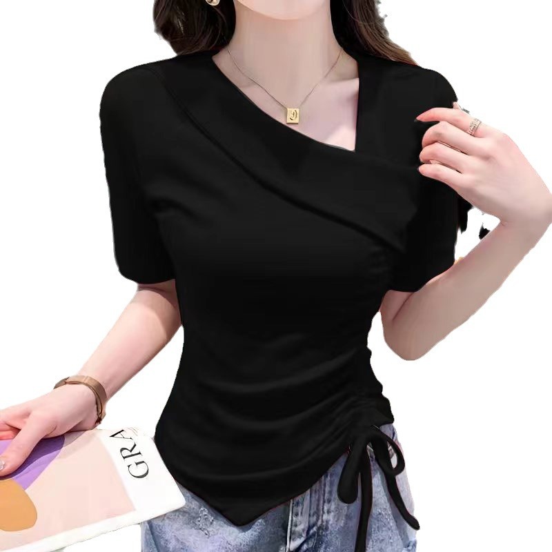Nuevo diseño irregular con cordón SLIM-Fit Top corto ins Camiseta de manga corta con cuello en V puro y elegante para mujer verano