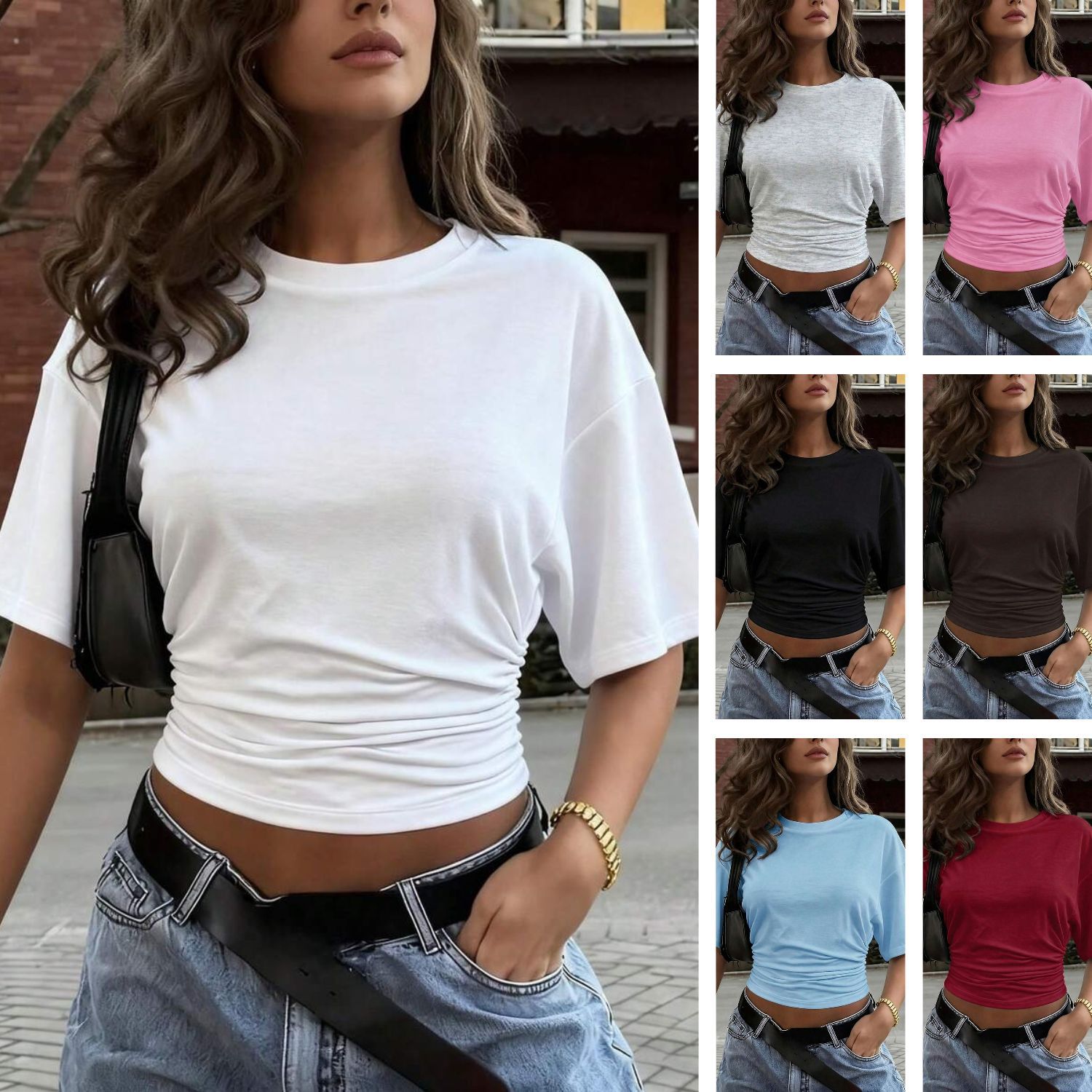 2026 Cross-Border Summer Pleated Solid Color Round Neck Slim-Fit Women's Short-Sleeve Black Top_ecoleips.com