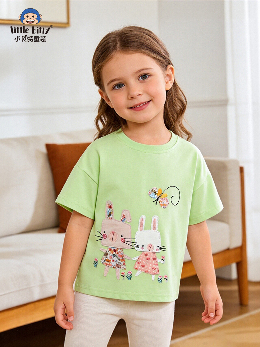 Cross-Border 26-Year Spring/Summer Children's Short-Sleeve T-Shirt with Cartoon Rabbit Embroidery, Round Neck, Girls' Top, In-Stock Wholesale