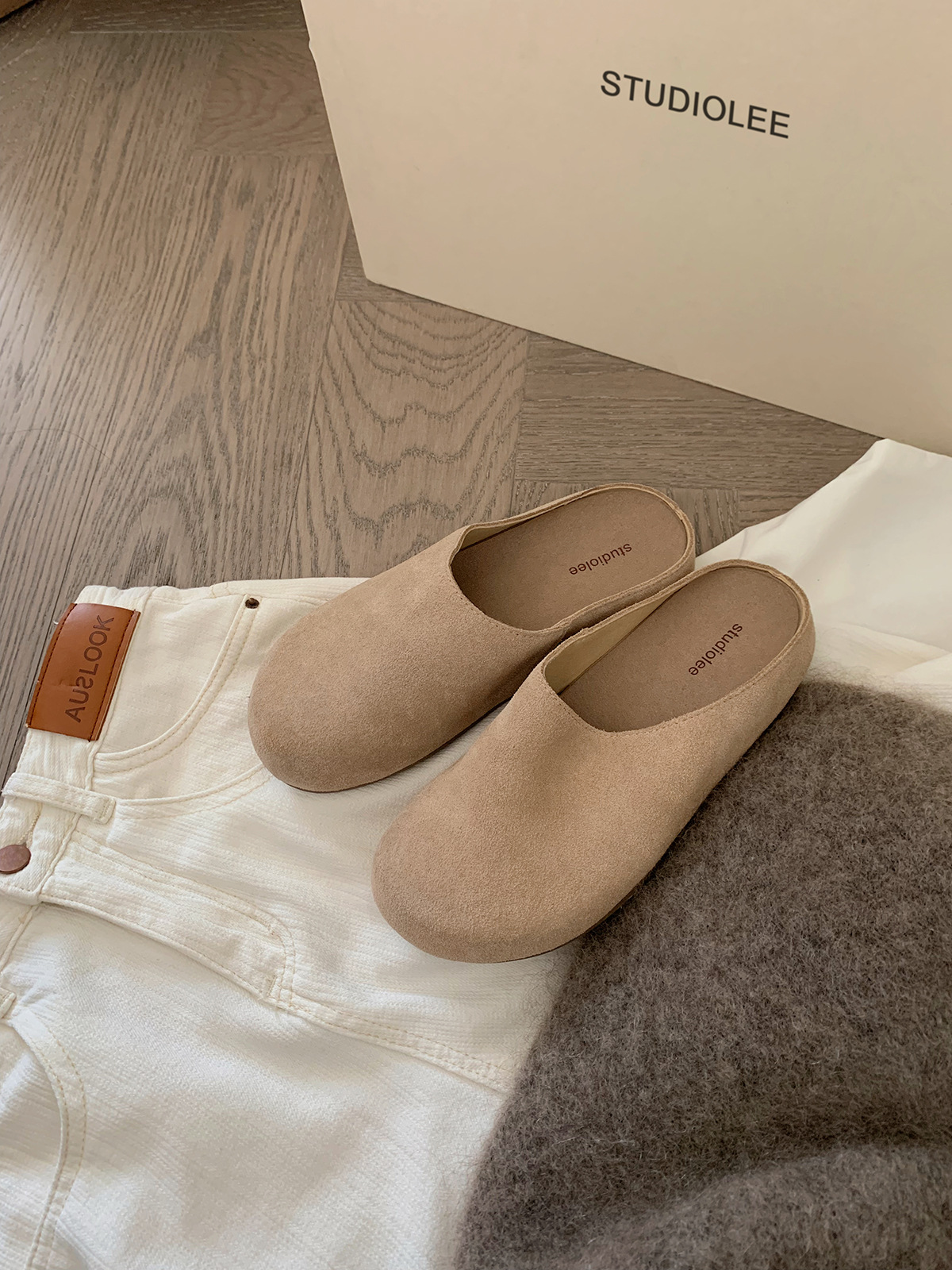 Versión de cuero de vaca ~ Grape Madre con el mismo estilo de roe viento un pie pedale medio paquete de zapatos de mujer Bocken zapatillas casuales Bocken