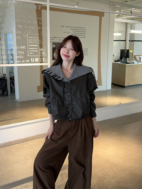 大码女装早秋设计感海军领pu皮夹克短款外套女|undefined