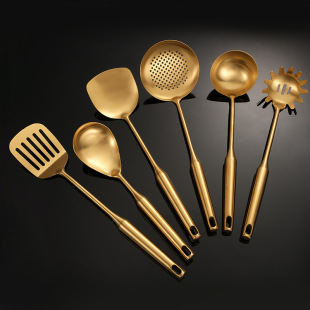 Cross-Border Titanium Amazon Stainless Steel Kitchenware 6-Piece Set Brushed Matte Gold Spatula Soup Spoon Colander Spatula
