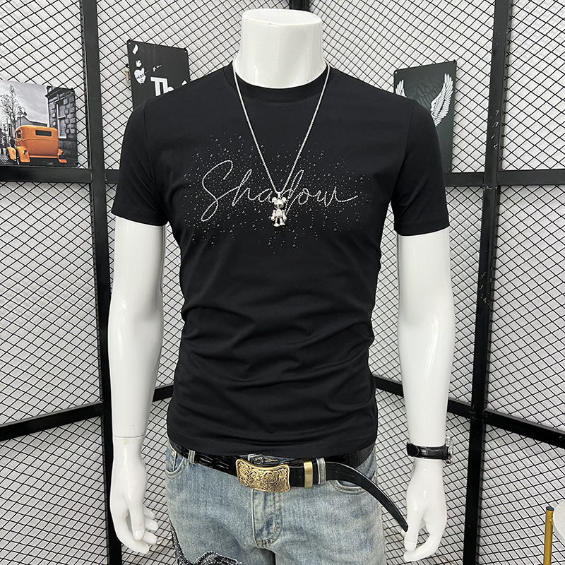 Men's Slim Fit Short Sleeve T-Shirt Heavy Duty Rhinestone And Letter Crew Neck Fashion Top New Arrival Summer_viptrois.com