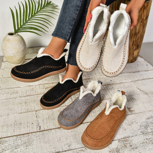 2024 winter new foreign trade ladies warm cotton shoes cross-border plus size flat solid color fleece-lined thick warm