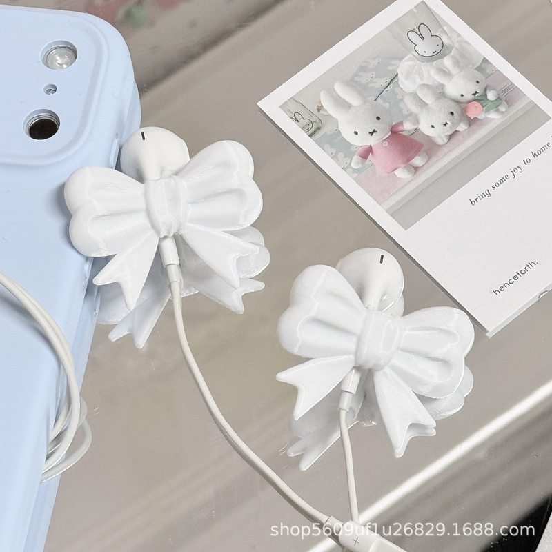 New Cute Bowknot Creative Cartoon White 3D Printed Wired Earphones High-End Accessories Set New Cute Bowknot Creative Cartoon White 3D Printed Wired Earphones High-End Accessories Set
