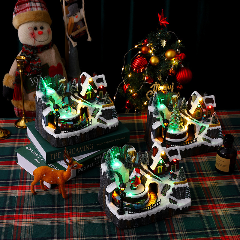 クリスマス装飾品発光オルゴール置物クリスマスプレゼントヨーロッパ式ダブル回転電車サンタクロース置物|undefined