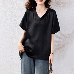实拍现货缎面短袖T恤女2025夏季新款醋酸大码夏装宽松显瘦上衣