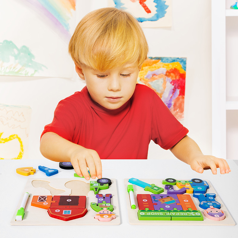 Niños de madera transfronterizos 3d tablero de dibujo de rompecabezas tridimensional tablero de dibujo de agarre a mano personaje transporte profesional educación temprana juguetes educativos