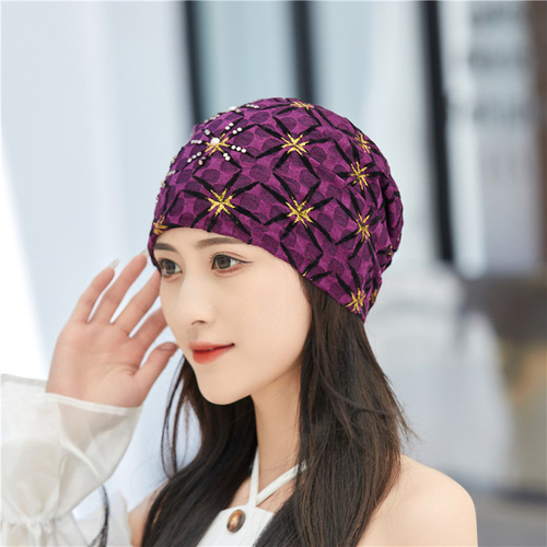 Four Seasons Embroidered Diamond-Hole Women's Breathable Soft Beanie Scarf Hat, Covering White Hair Air Conditioner Hat Thread Hat Mother Hat