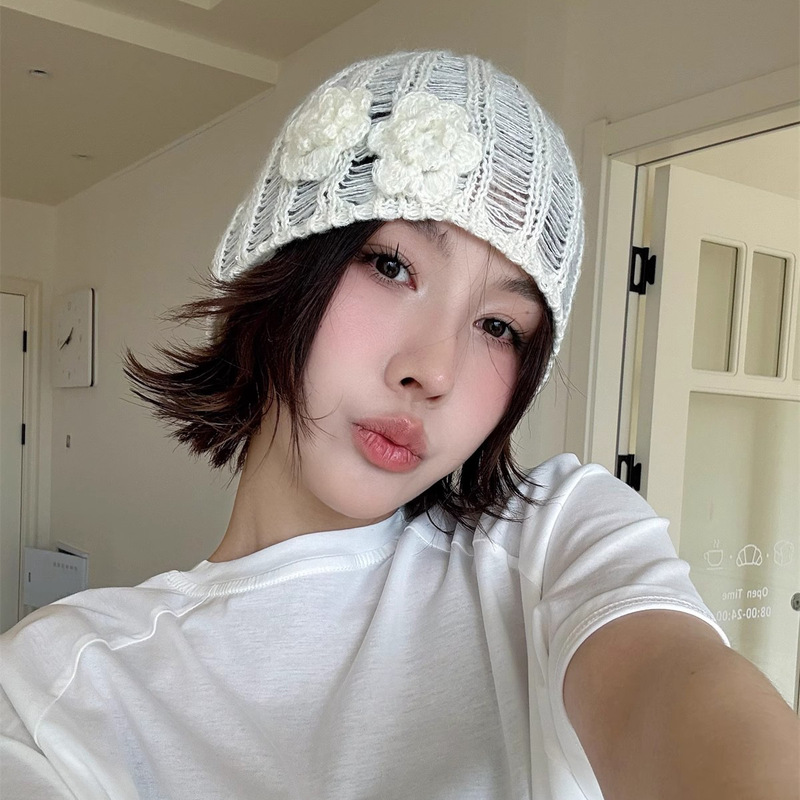 韩系手工立体花朵针织包头帽女早秋百搭辣妹时髦冷帽甜酷毛线帽|undefined