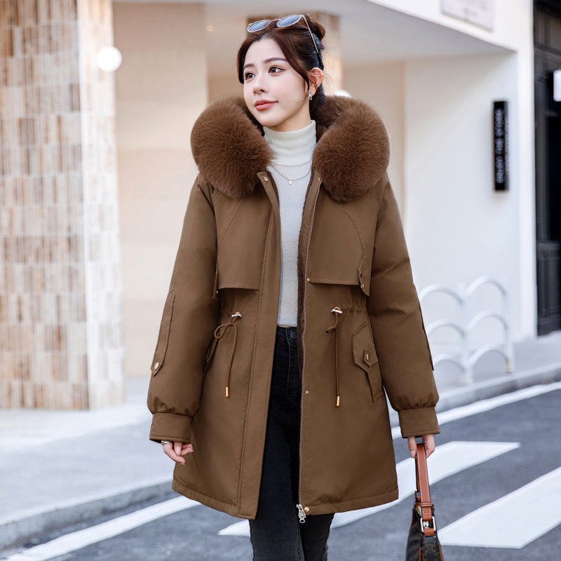 Cuello de cabello para superar la chaqueta de algodón de invierno femenino con lana y chaqueta de algodón gruesa, chaqueta de algodón media y larga