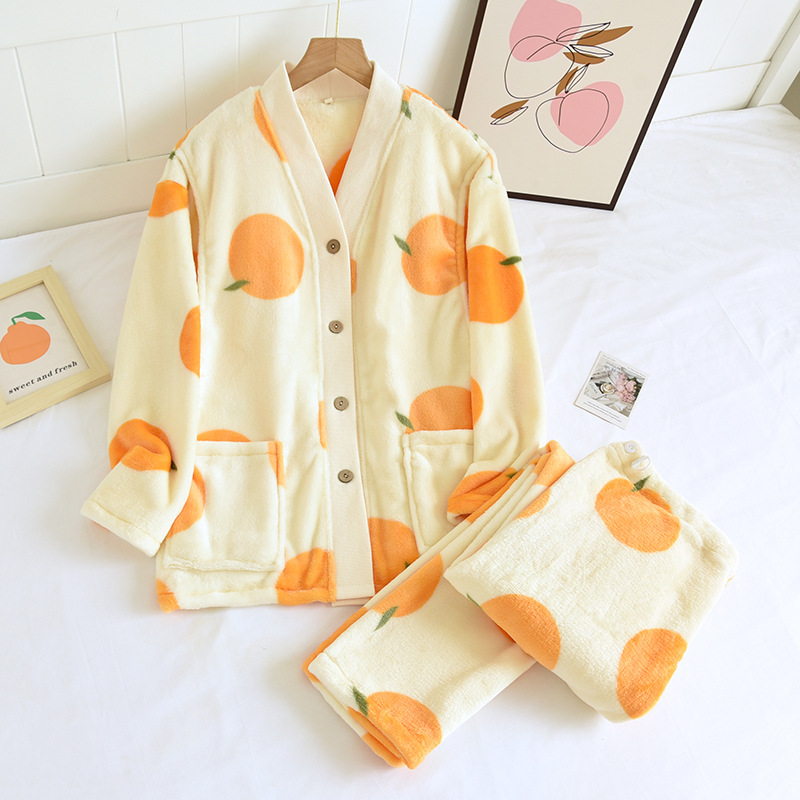 Orange-colored Flannel Postpartum Maternity Set – Winter-Thickened Sleepwear for Pregnant Women, Including Long-Sleeve Tops and Pants; Nursing Clothes & Breastfeeding Attire Available for Drop Shipping