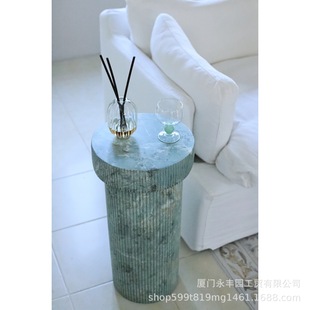 Vintage Green Side Table for Homestay Living Room with Imitation Marble Roman Column Design Art Mid-Century