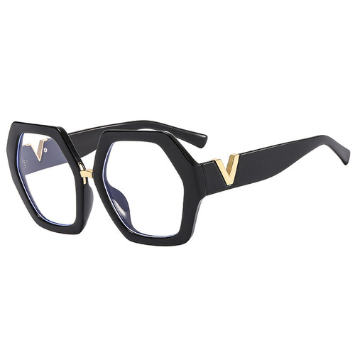 Personalized polygonal large frame glasses frame  new European and American V flat mirror trendy street photography anti-blue light glasses frame