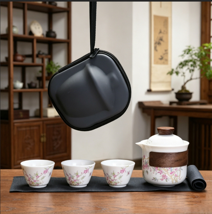 Jade Porcelain Travel Tea Set with One Pot and Three or Four Cups, Portable Outdoor Camping Set, Business Gift Jade Porcelain Travel Tea Set with One Pot and Three or Four Cups, Portable Outdoor Camping Set, Business Gift
