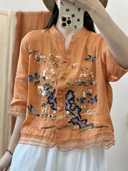綿とリネンの半袖シャツ 2025 夏の新スタイルシックな刺繍エスニックスタイルカーディガン大きいサイズルーズ女性の痩身
