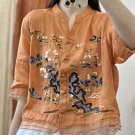 棉麻短袖衬衫跨境年夏季新款别致刺绣民族风开衫大码宽松女装显瘦