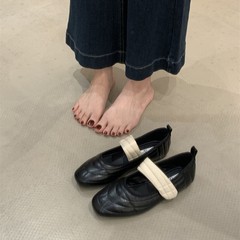 法式晚晚风一字带2025新款拼色浅口魔术贴圆头时尚软底单鞋子女鞋