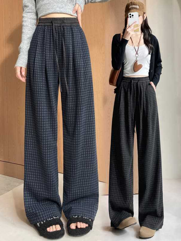 黑色格子阔腿裤女秋季2025新款高腰垂感慵懒抽绳显瘦复古休闲直筒|undefined