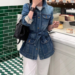 港味复古翻领单排扣牛仔外套女2025早秋新款设计感中长款收腰上衣
