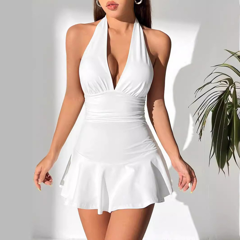 European and American Cross-Border Foreign Trade Temu New Summer Dress Sexy Deep V-Neck Low-Cut Tummy-Concealing Slimming Halter Neck Short Dress