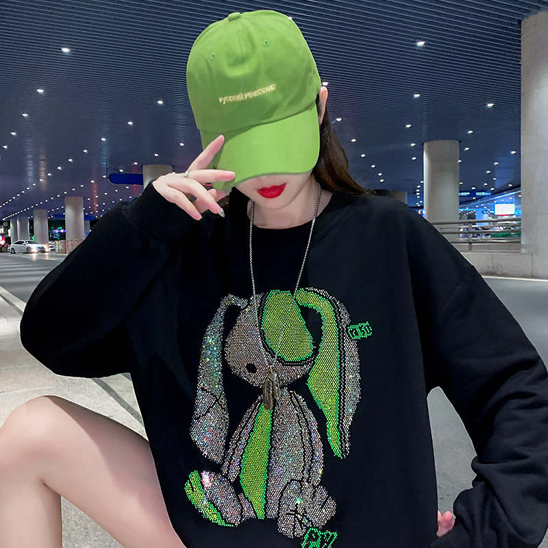 Suéter de las mujeres oversize alta calle moda marca ins suelta otoño 2024 nuevo trabajo pesado rhinestone top
