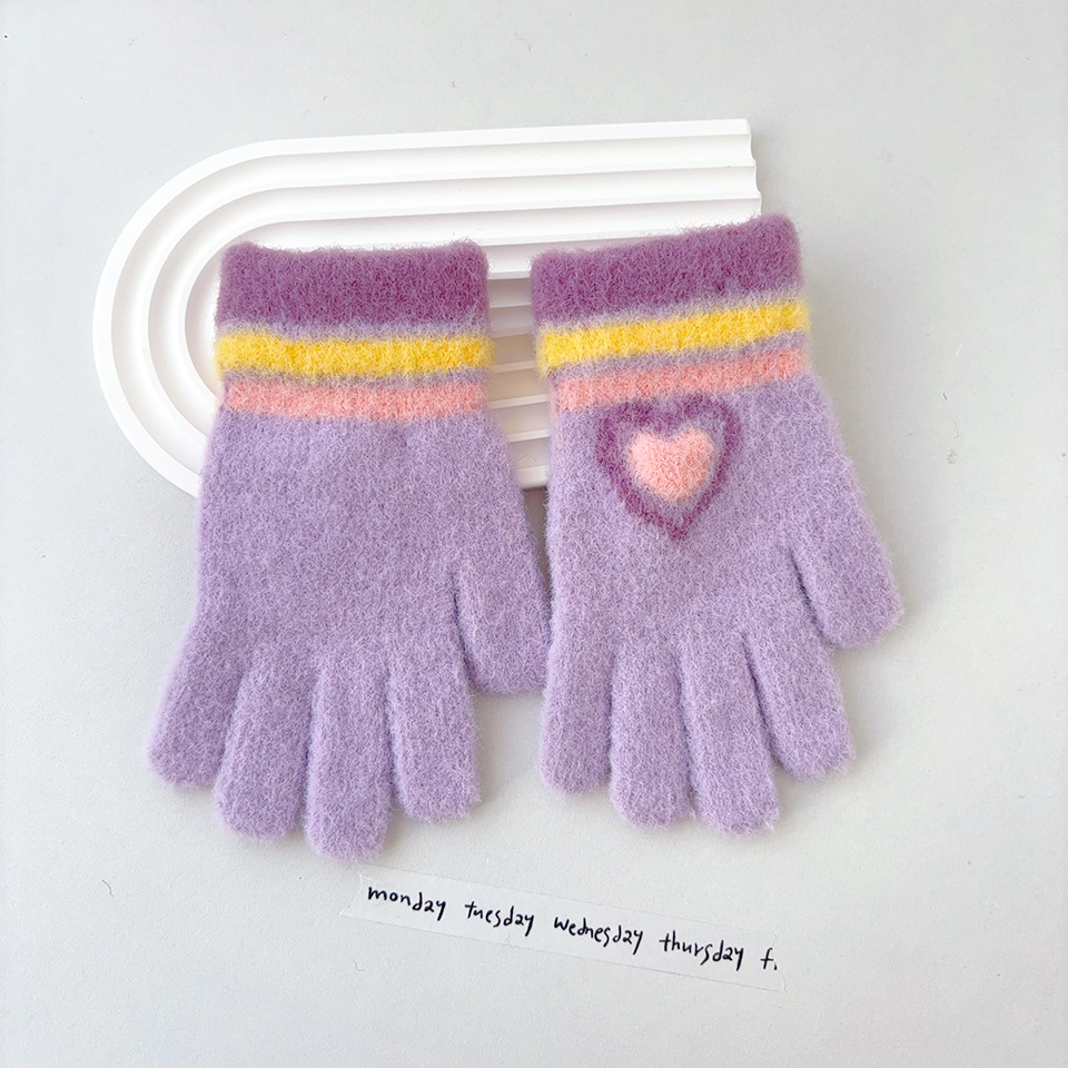 Nuevos guantes cálidos para niñas a rayas de amor a prueba de frío y engrosamiento en invierno, los niños tejen en bicicleta para jugar con la nieve y escribir cinco dedos