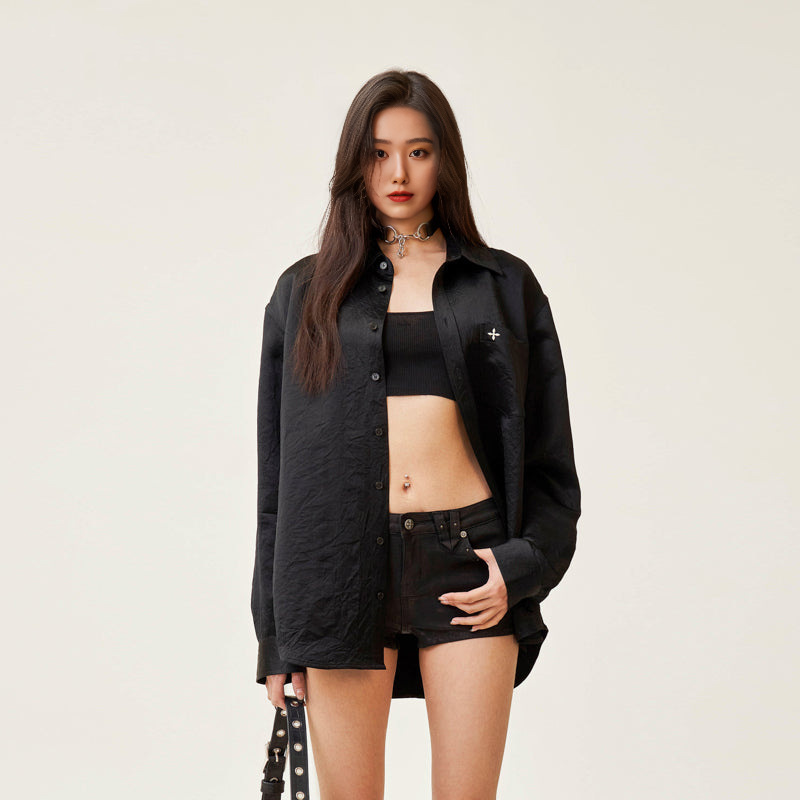 Smfn cross classic satin wide shirt Black