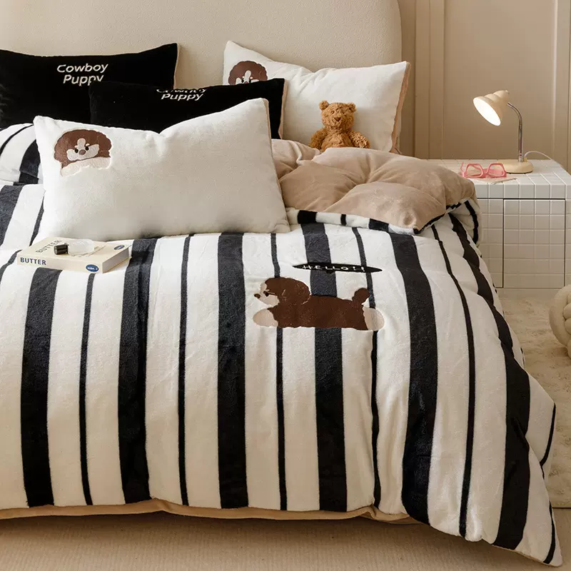 卡通条纹兔毛绒床上四件套冬季加厚牛奶绒被套床单加绒保暖床品4