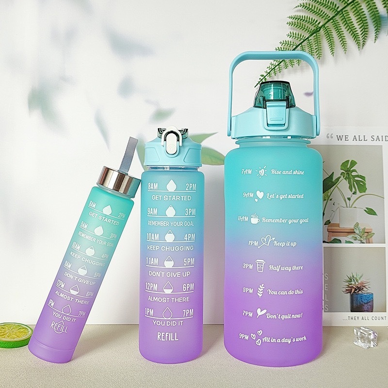 ファッションつや消しグラデーション大容量プラスチックカップ2000ML三点セットコップ携帯スポーツ屋外フィットネス水筒|undefined