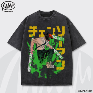 American Anime Print Washed Short-Sleeved T-Shirt Men's Ins Summer Casual Round Neck Half-Sleeved Top Trendy Chainsaw Man